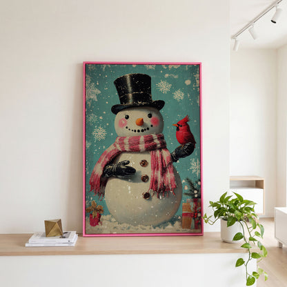 Snowman & Cardinal Canvas Wall Art in pink floating frame
