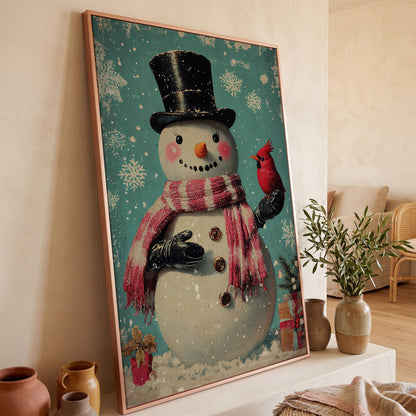 Snowman & Cardinal Canvas Wall Art in rose gold floating frame