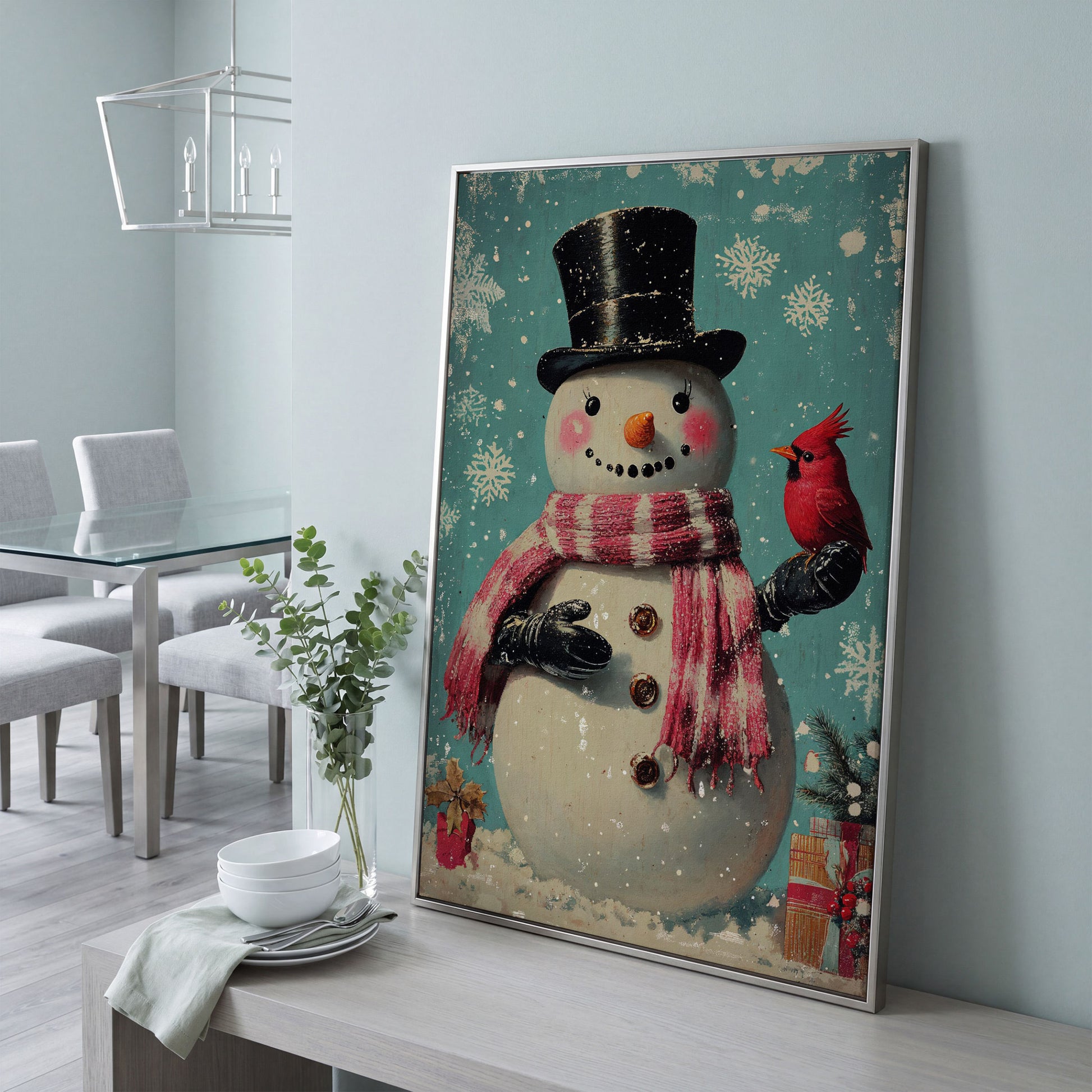Snowman & Cardinal Canvas Wall Art in silver floating frame