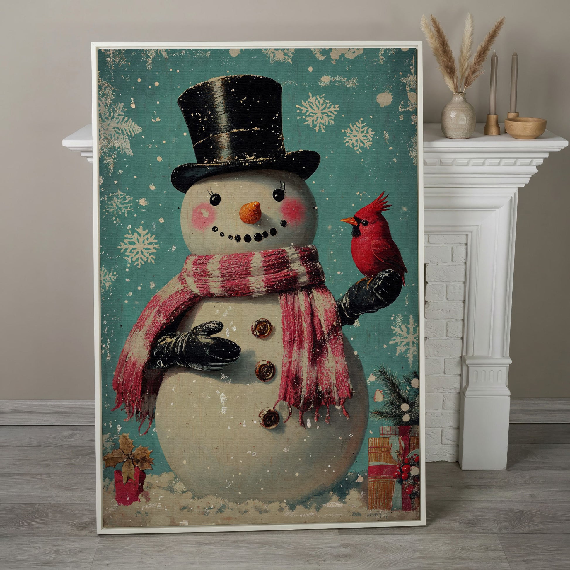 Snowman & Cardinal Canvas Wall Art in white floating frame