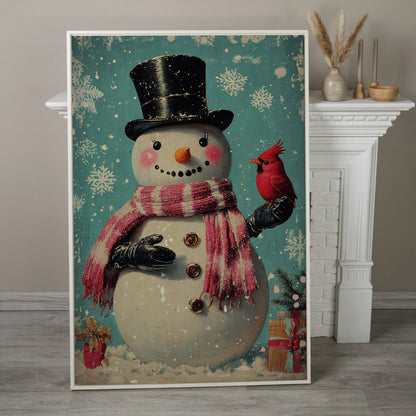 Snowman & Cardinal Canvas Wall Art in white floating frame