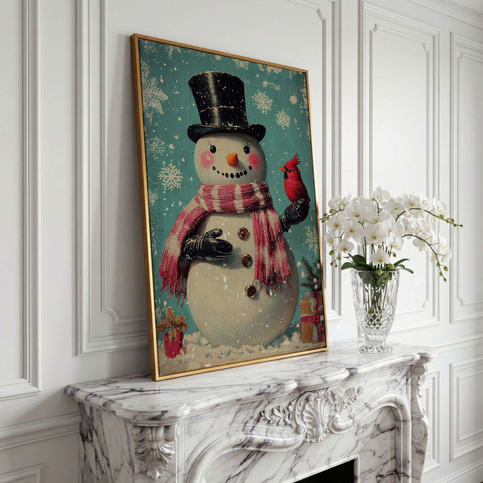 Snowman & Cardinal Canvas Wall Art in yellow gold floating frame
