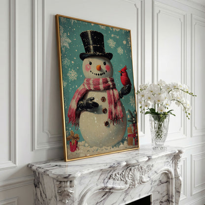 Snowman & Cardinal Canvas Wall Art in yellow gold floating frame