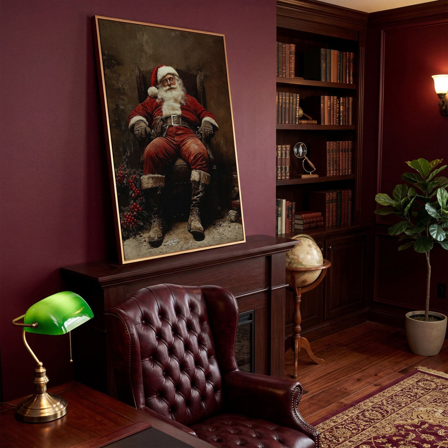 Sleeping Santa in Armchair Canvas Print in antique gold floating frame