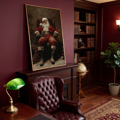Sleeping Santa in Armchair Canvas Print in antique gold floating frame