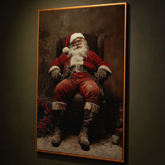Sleeping Santa in Armchair Canvas Print shown in antique gold floating frame