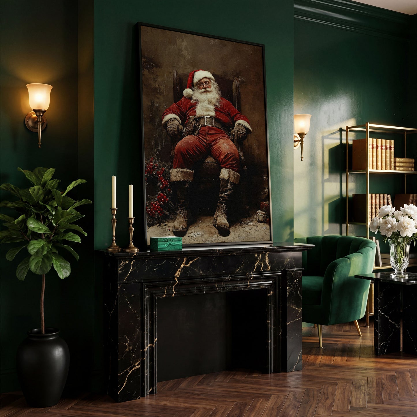 Sleeping Santa in Armchair Canvas Print in black floating frame