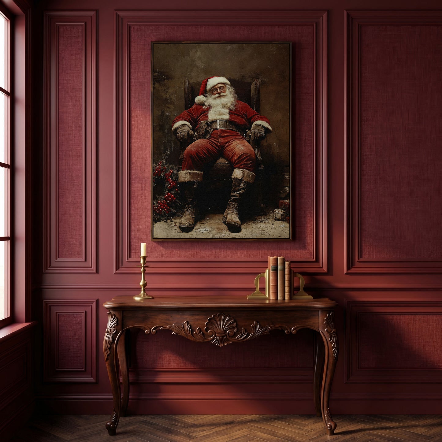 Sleeping Santa in Armchair Canvas Print in dark walnut floating frame