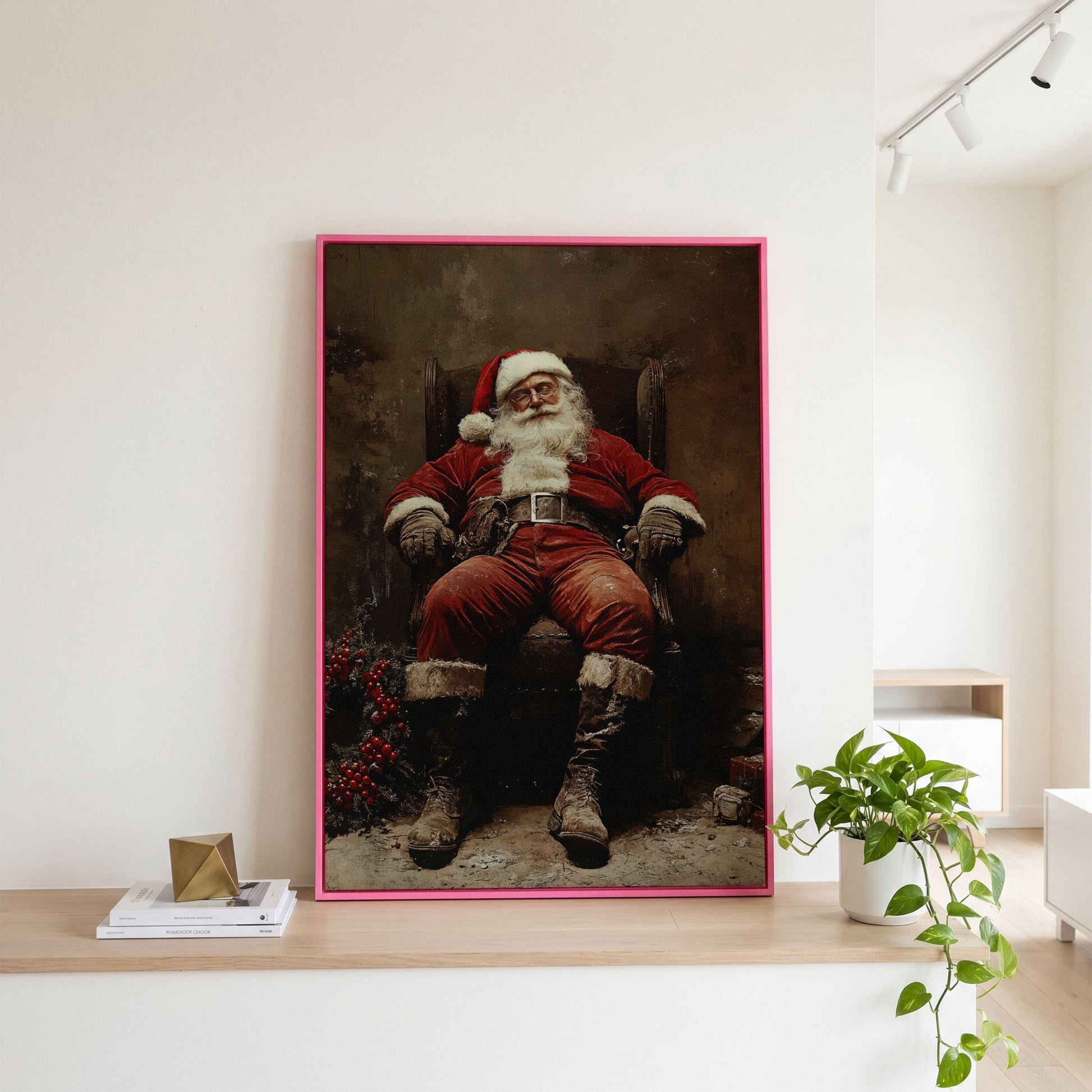 Sleeping Santa in Armchair Canvas Print in pink floating frame