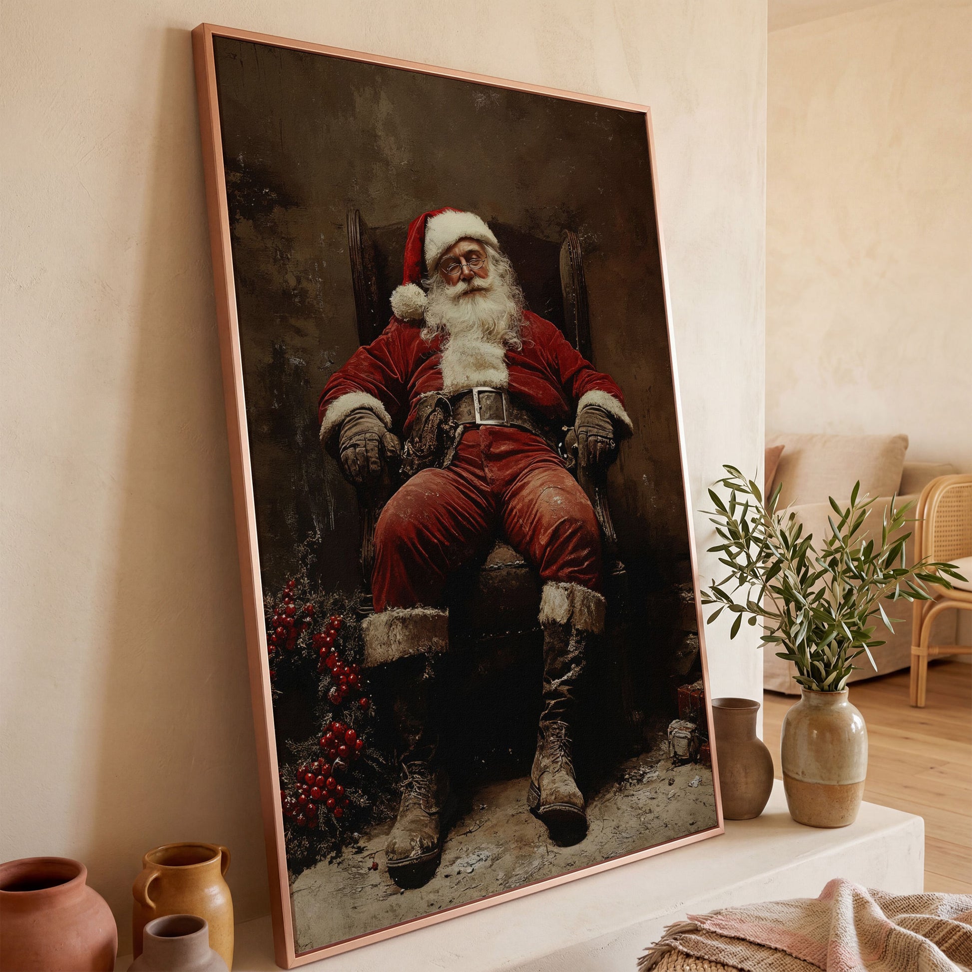 Sleeping Santa in Armchair Canvas Print in rose gold floating frame