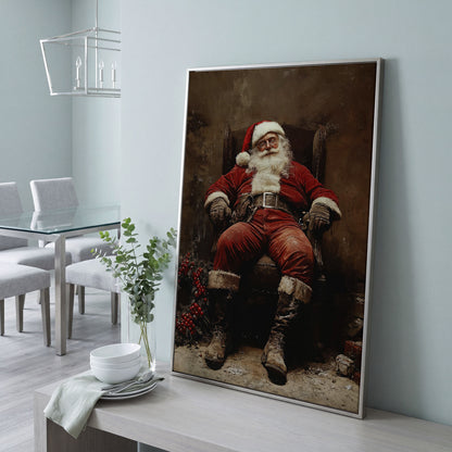 Sleeping Santa in Armchair Canvas Print in silver floating frame