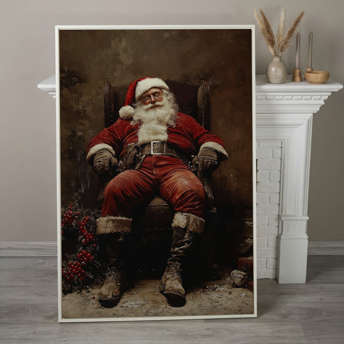 Sleeping Santa in Armchair Canvas Print in white floating frame