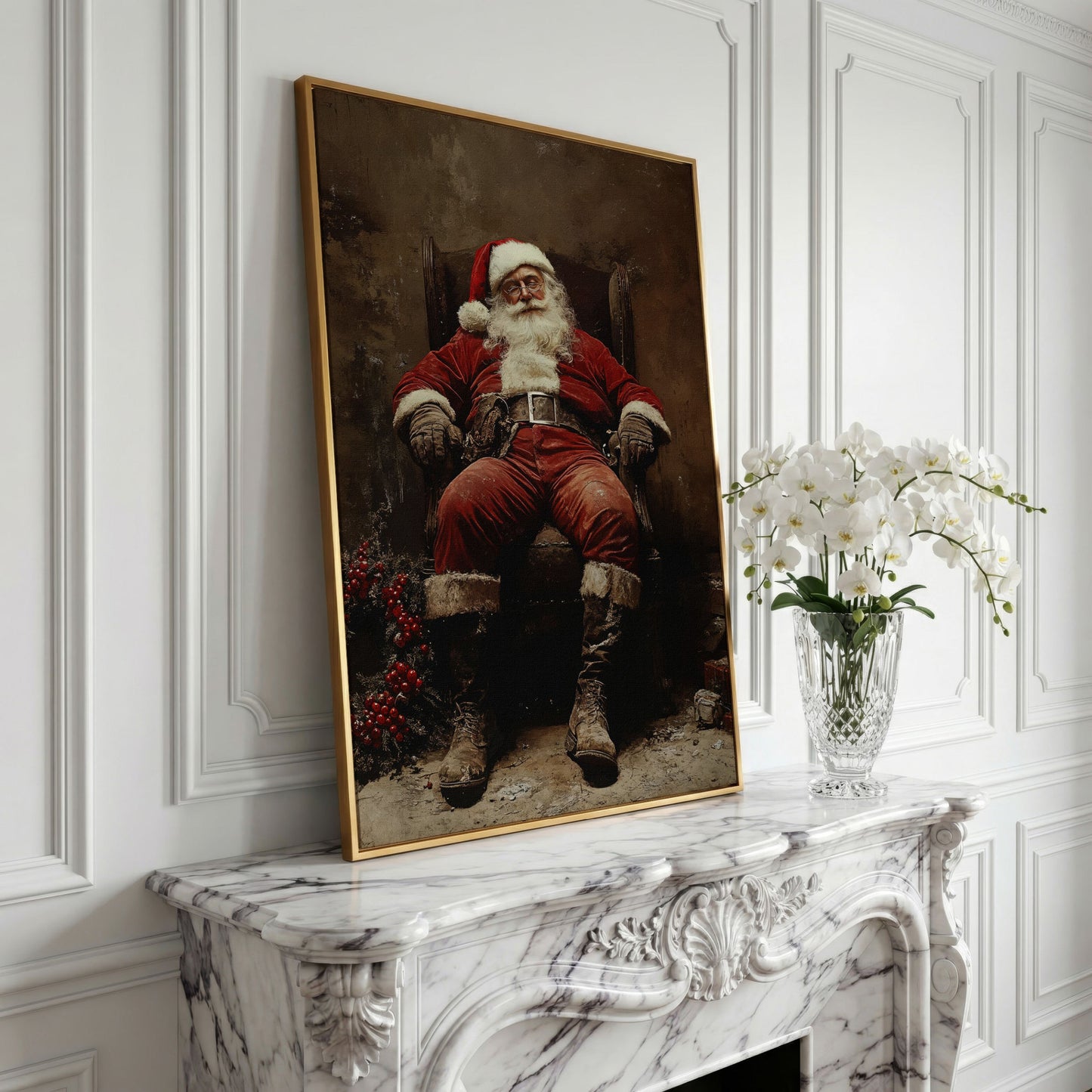 Sleeping Santa in Armchair Canvas Print in yellow gold floating frame