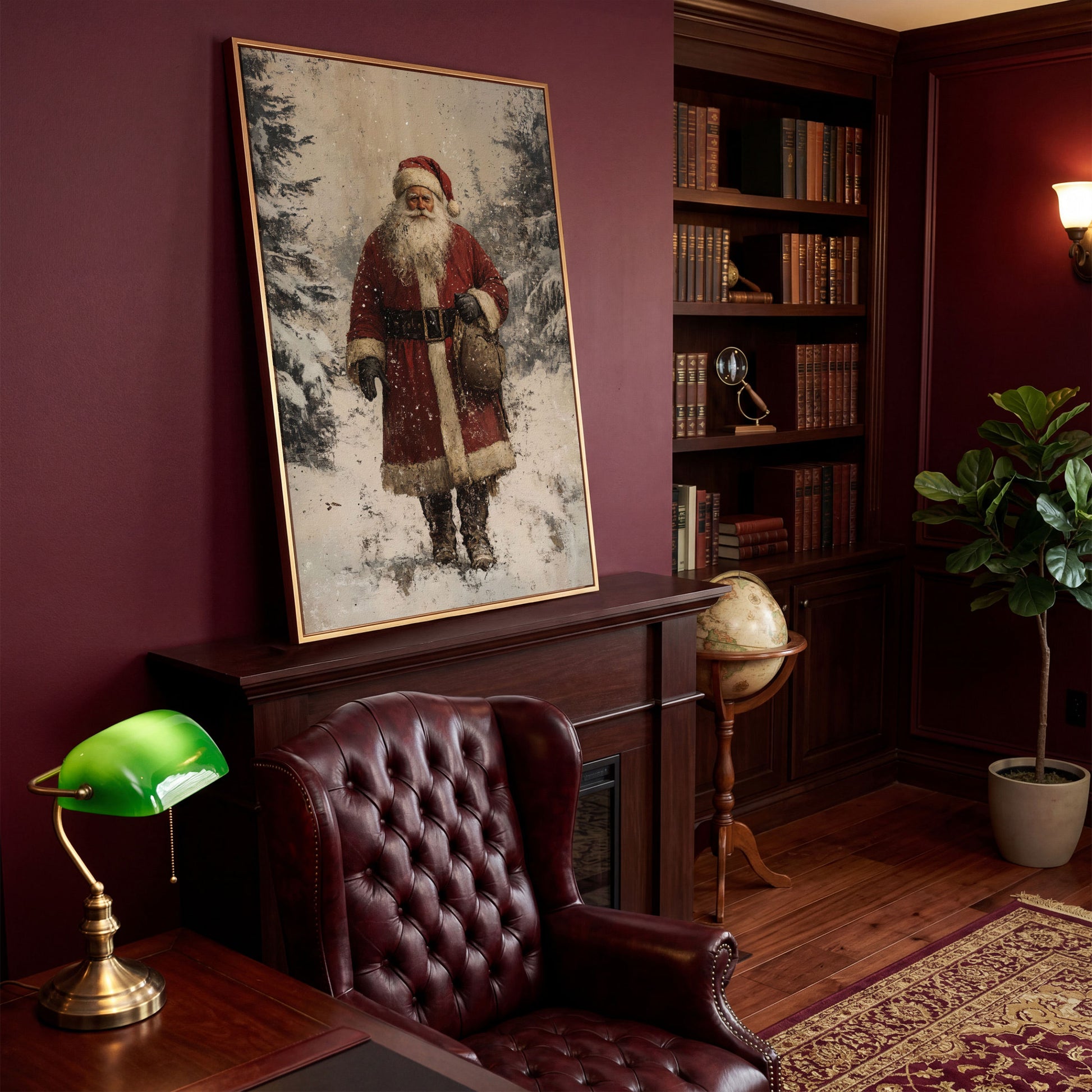 Santa in Snowy Pine Forest Canvas in antique gold floating frame