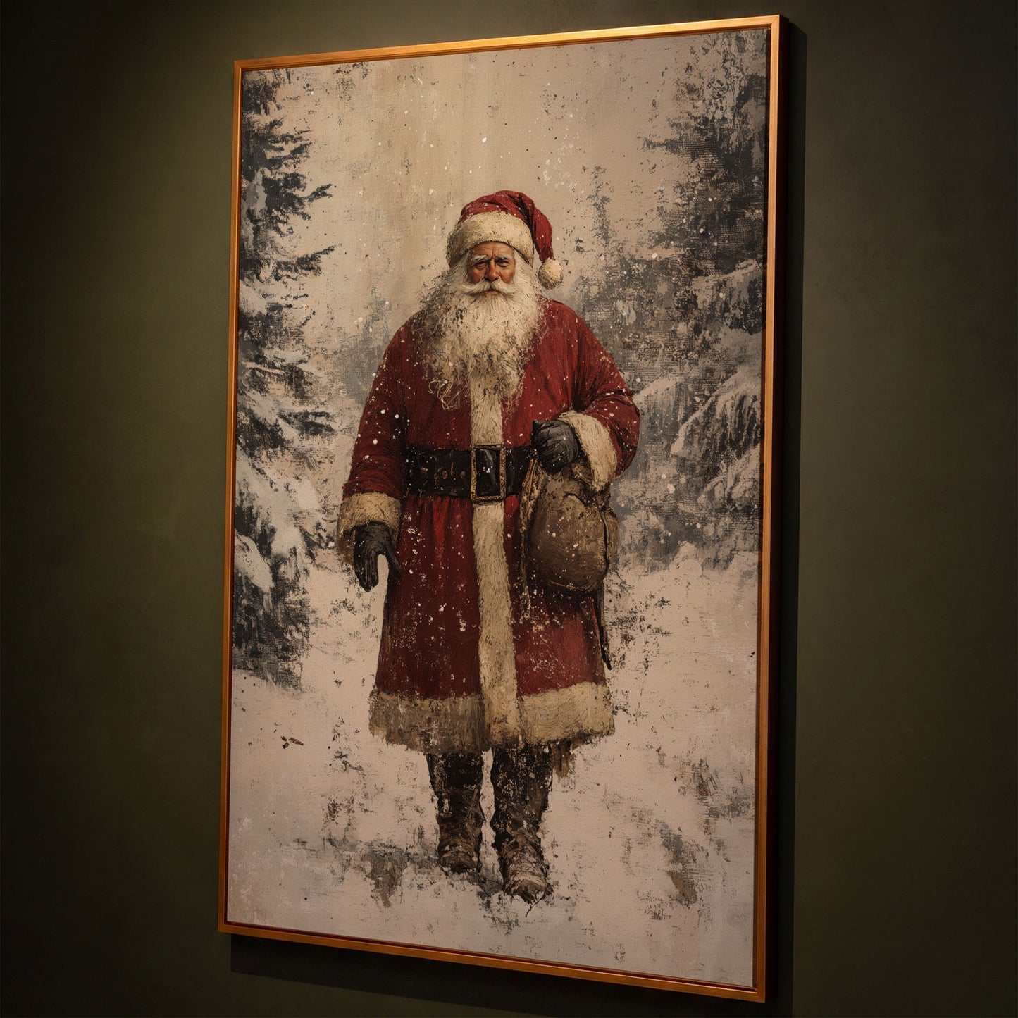 Santa in Snowy Pine Forest Canvas shown in antique gold floating frame