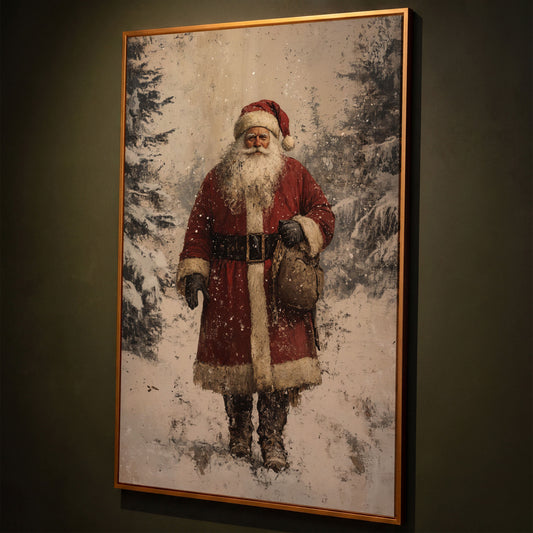 Santa in Snowy Pine Forest Canvas shown in antique gold floating frame