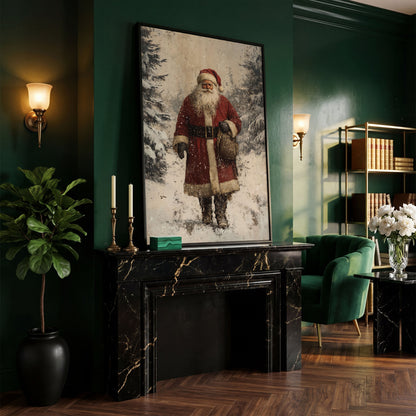 Santa in Snowy Pine Forest Canvas in black floating frame