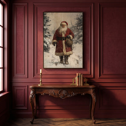 Santa in Snowy Pine Forest Canvas in dark walnut floating frame