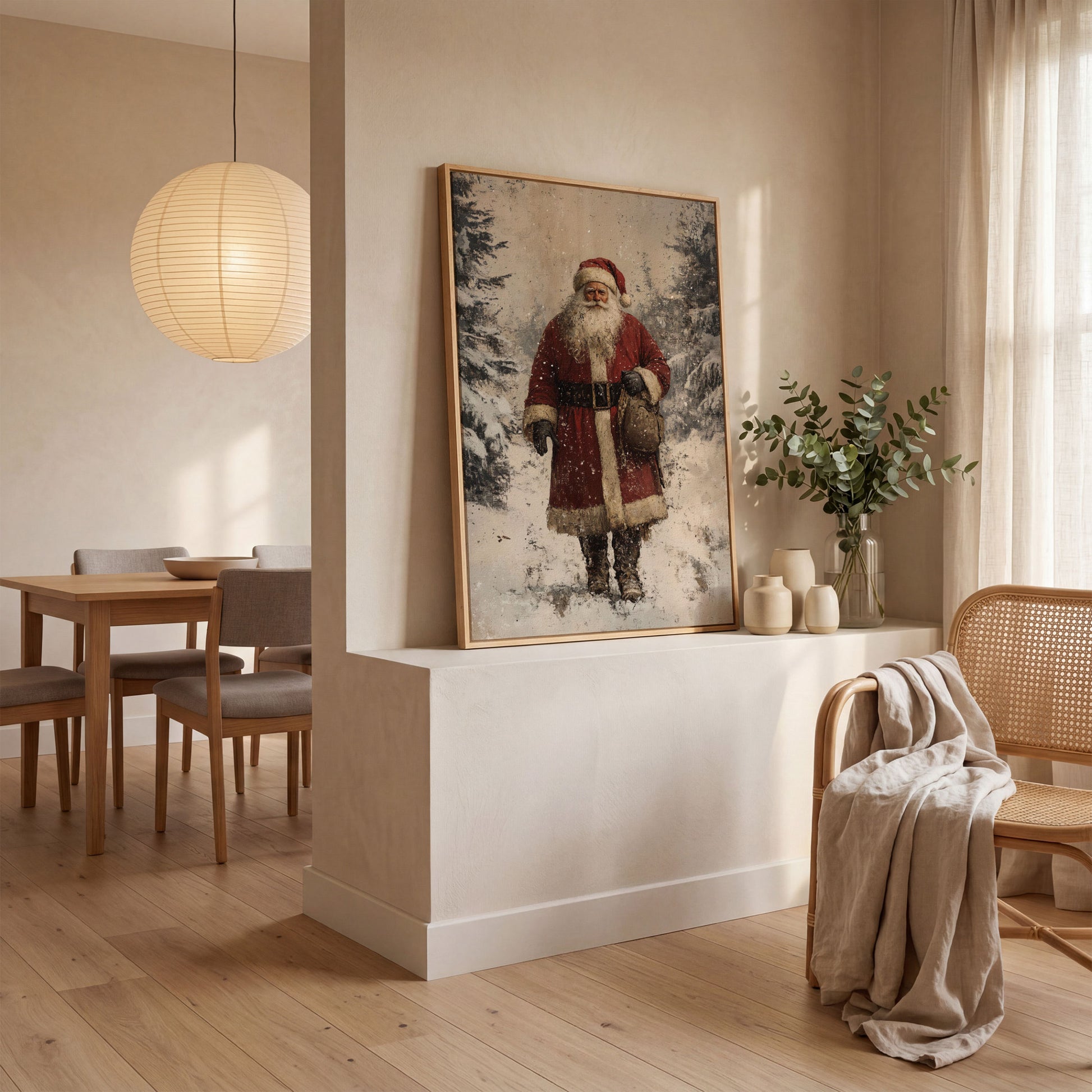 Santa in Snowy Pine Forest Canvas in white oak floating frame