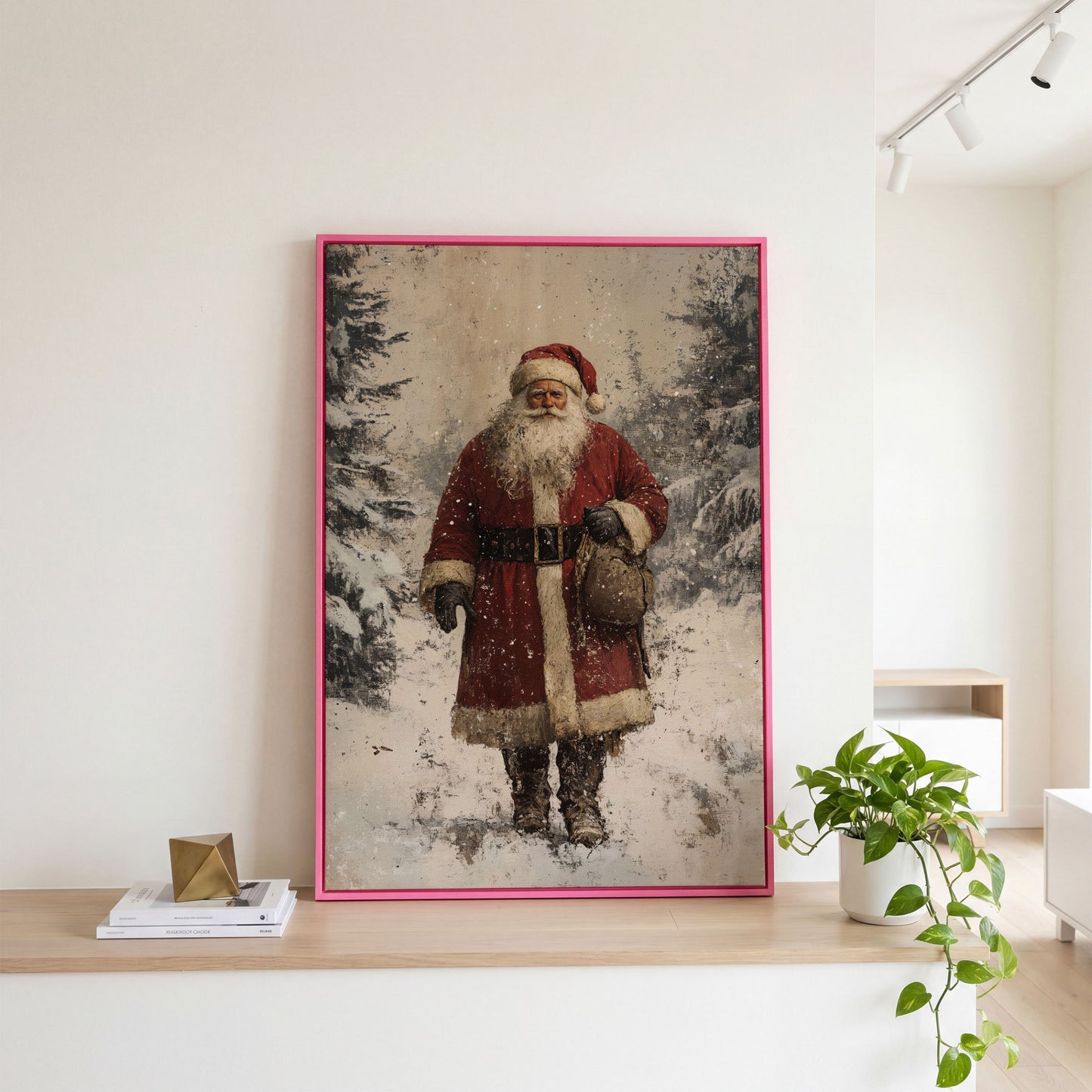 Santa in Snowy Pine Forest Canvas in pink floating frame