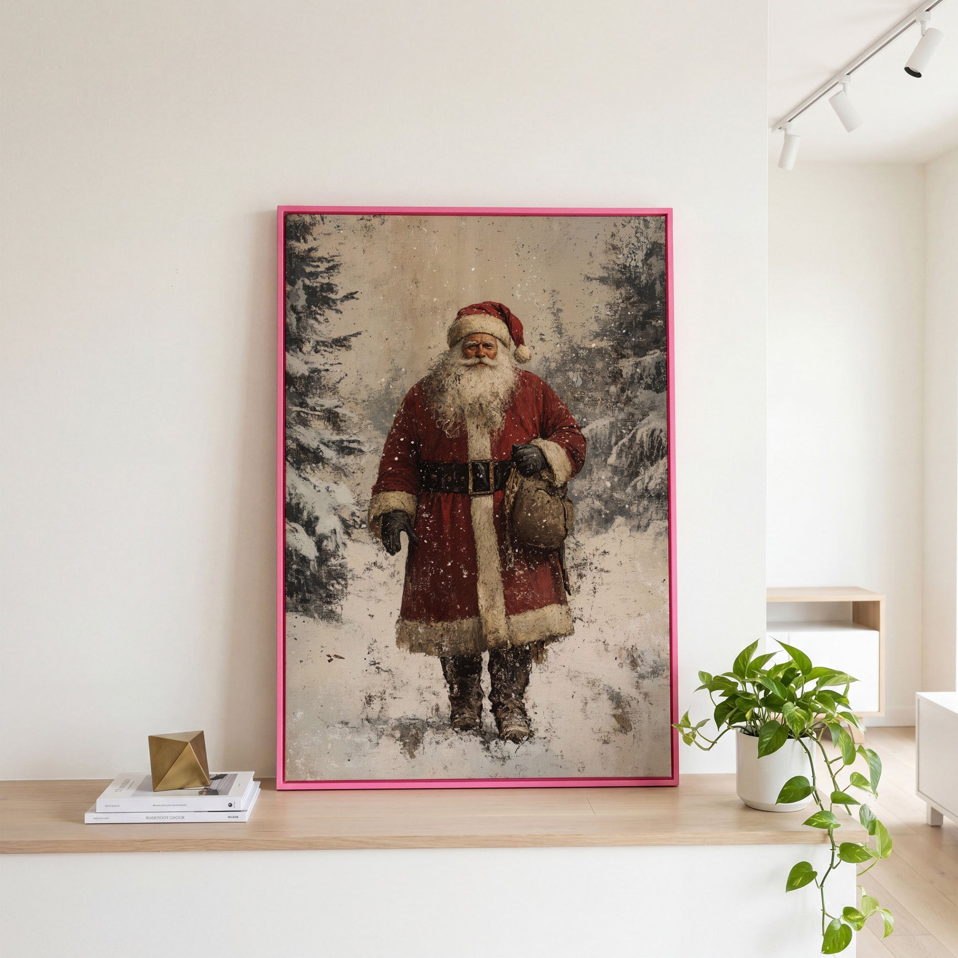 Santa in Snowy Pine Forest Canvas in pink floating frame