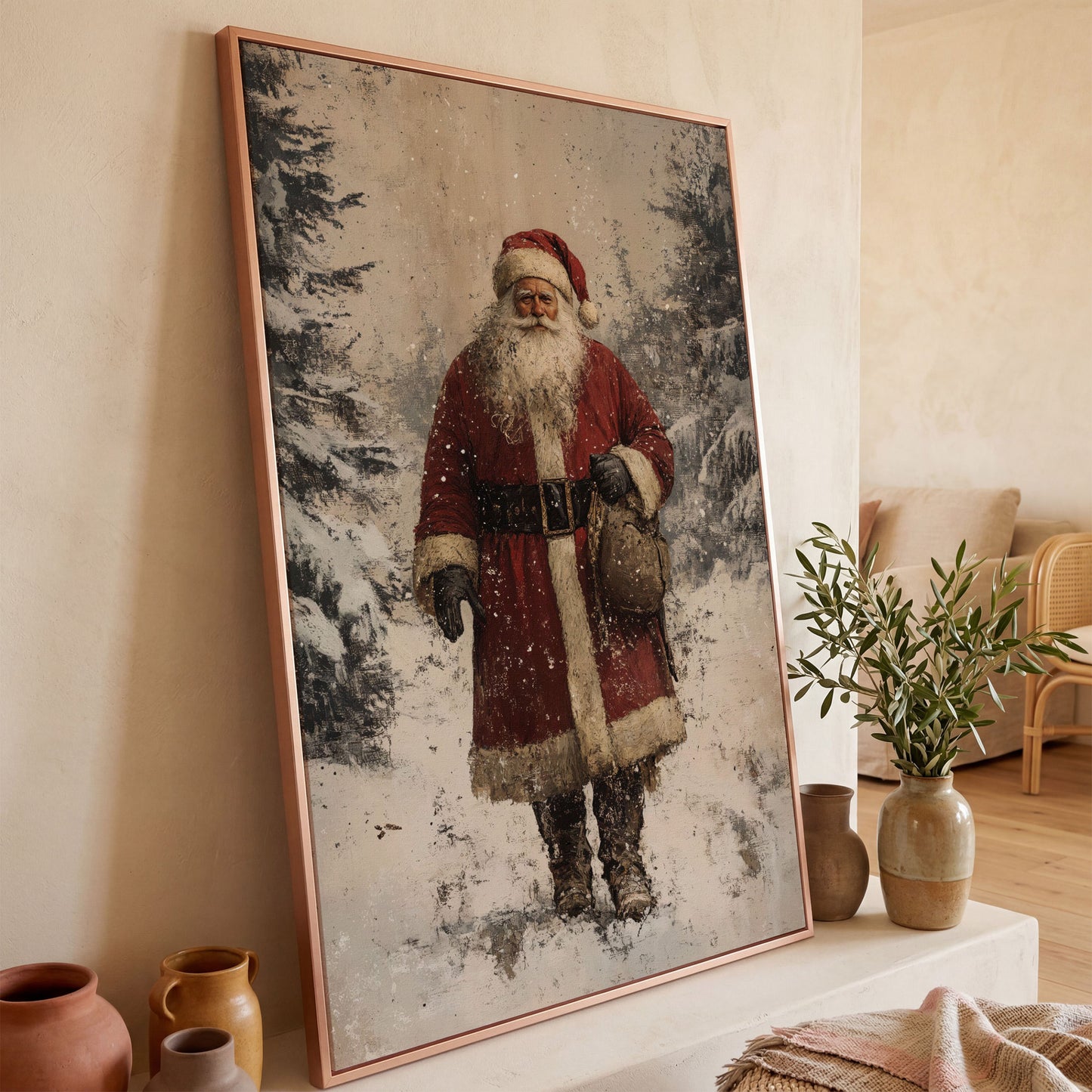 Santa in Snowy Pine Forest Canvas in rose gold floating frame