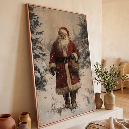 Santa in Snowy Pine Forest Canvas in rose gold floating frame