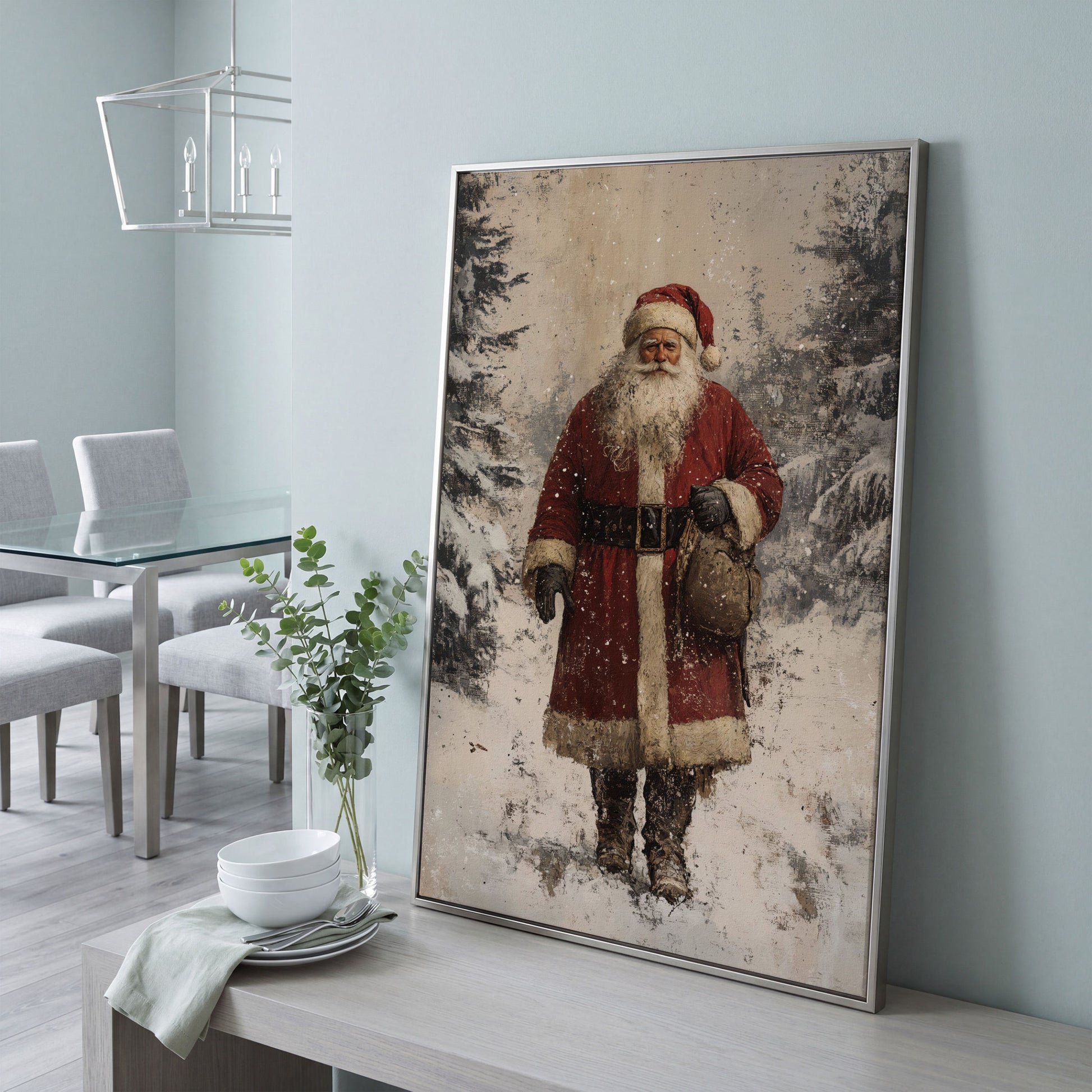 Santa in Snowy Pine Forest Canvas in silver floating frame