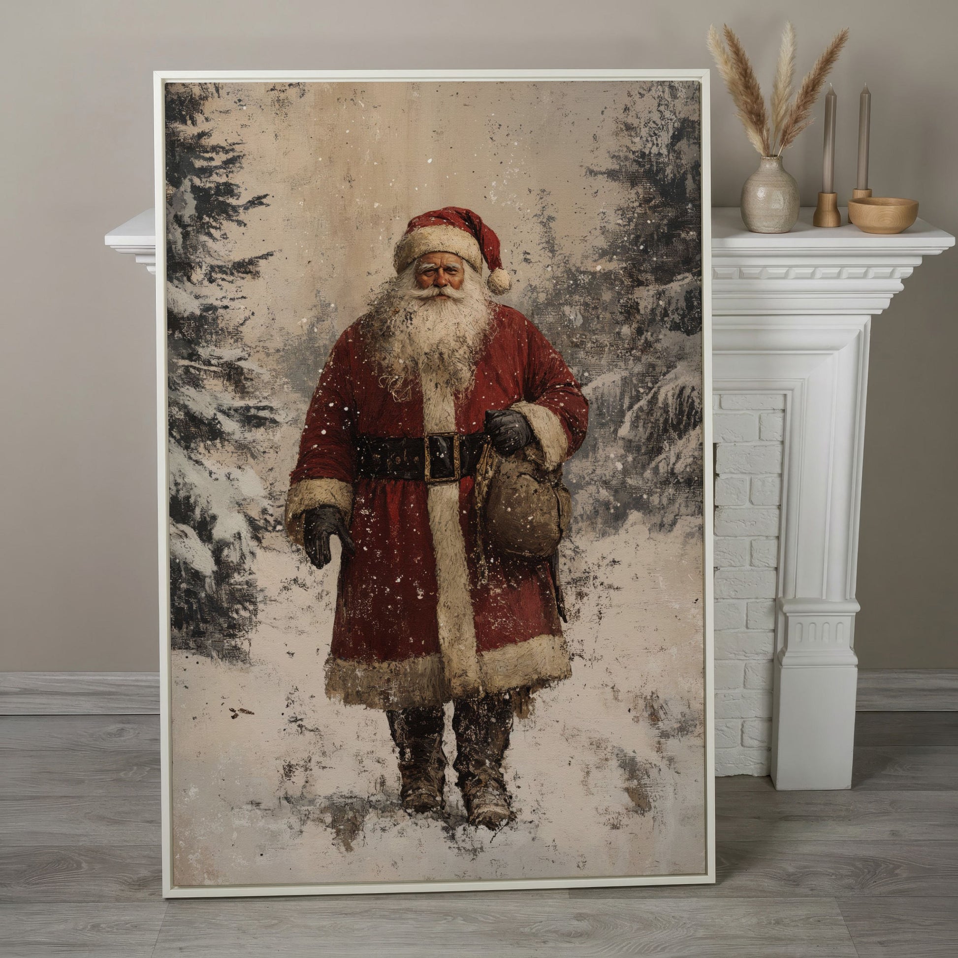 Santa in Snowy Pine Forest Canvas in white floating frame