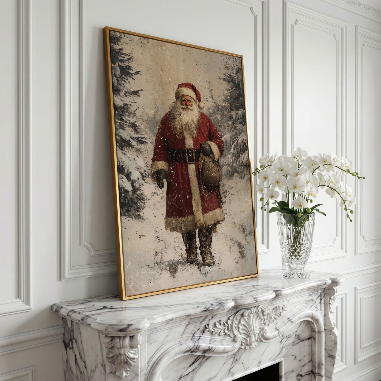 Santa in Snowy Pine Forest Canvas in yellow gold floating frame
