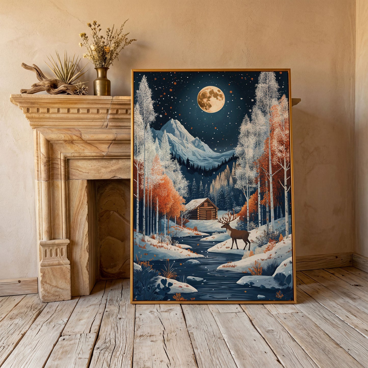Winter Night Cabin Canvas with Reindeer and Mountains in antique gold floating frame