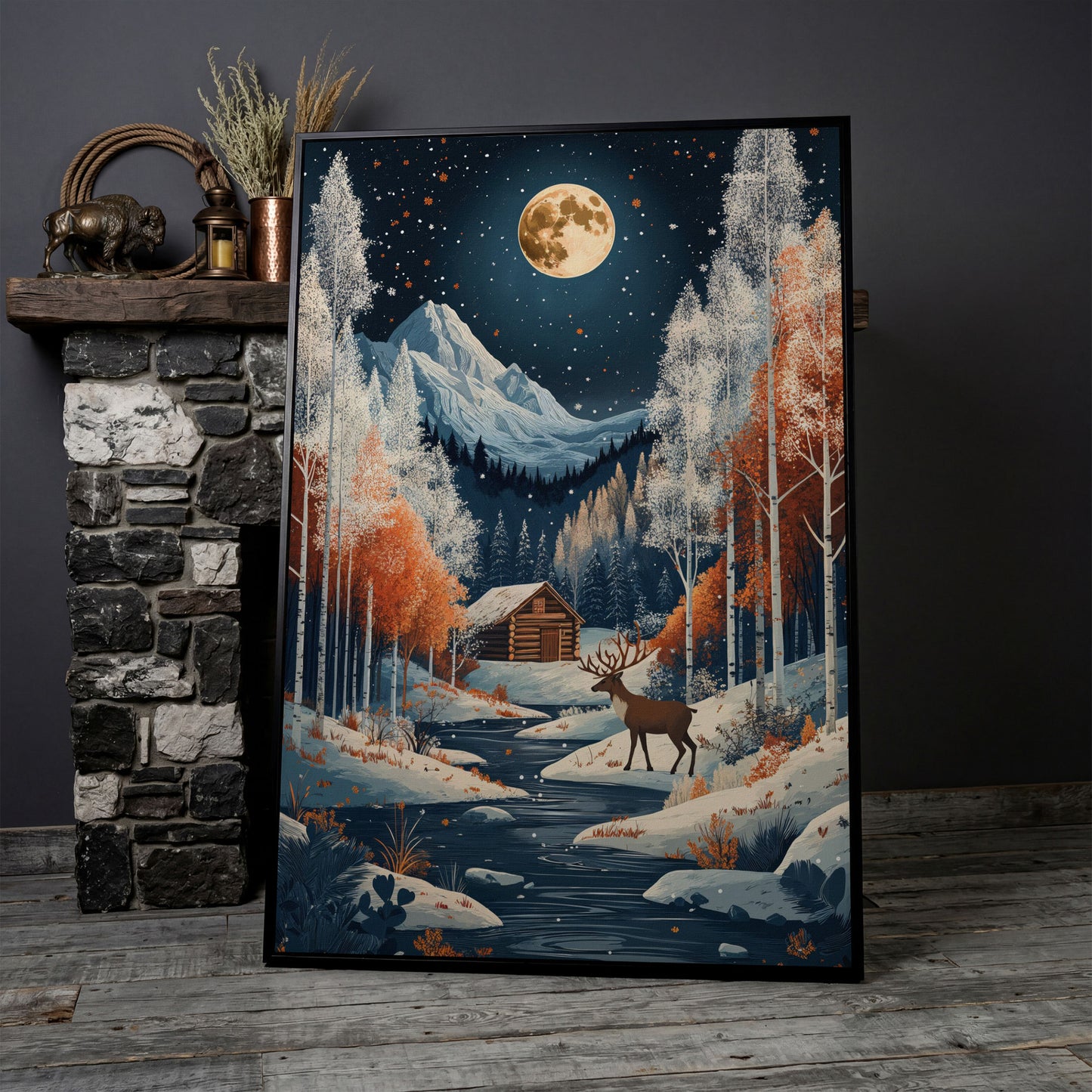 Winter Night Cabin Canvas with Reindeer and Mountains in black floating frame