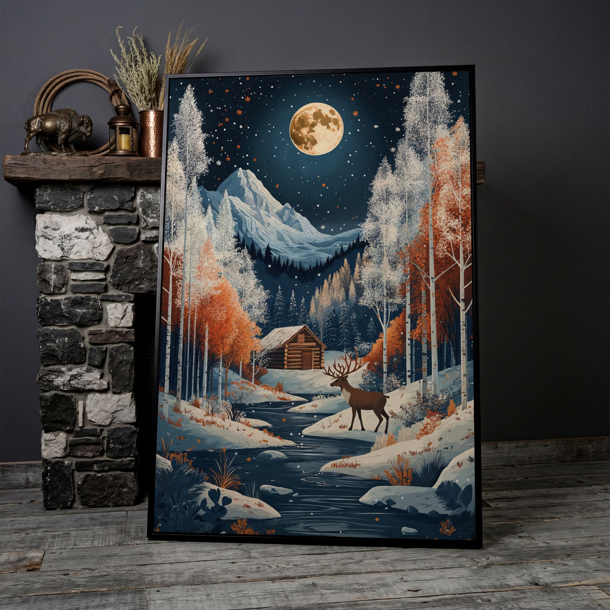 Winter Night Cabin Canvas with Reindeer and Mountains in black floating frame
