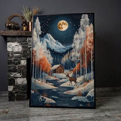 Winter Night Cabin Canvas with Reindeer and Mountains in black floating frame