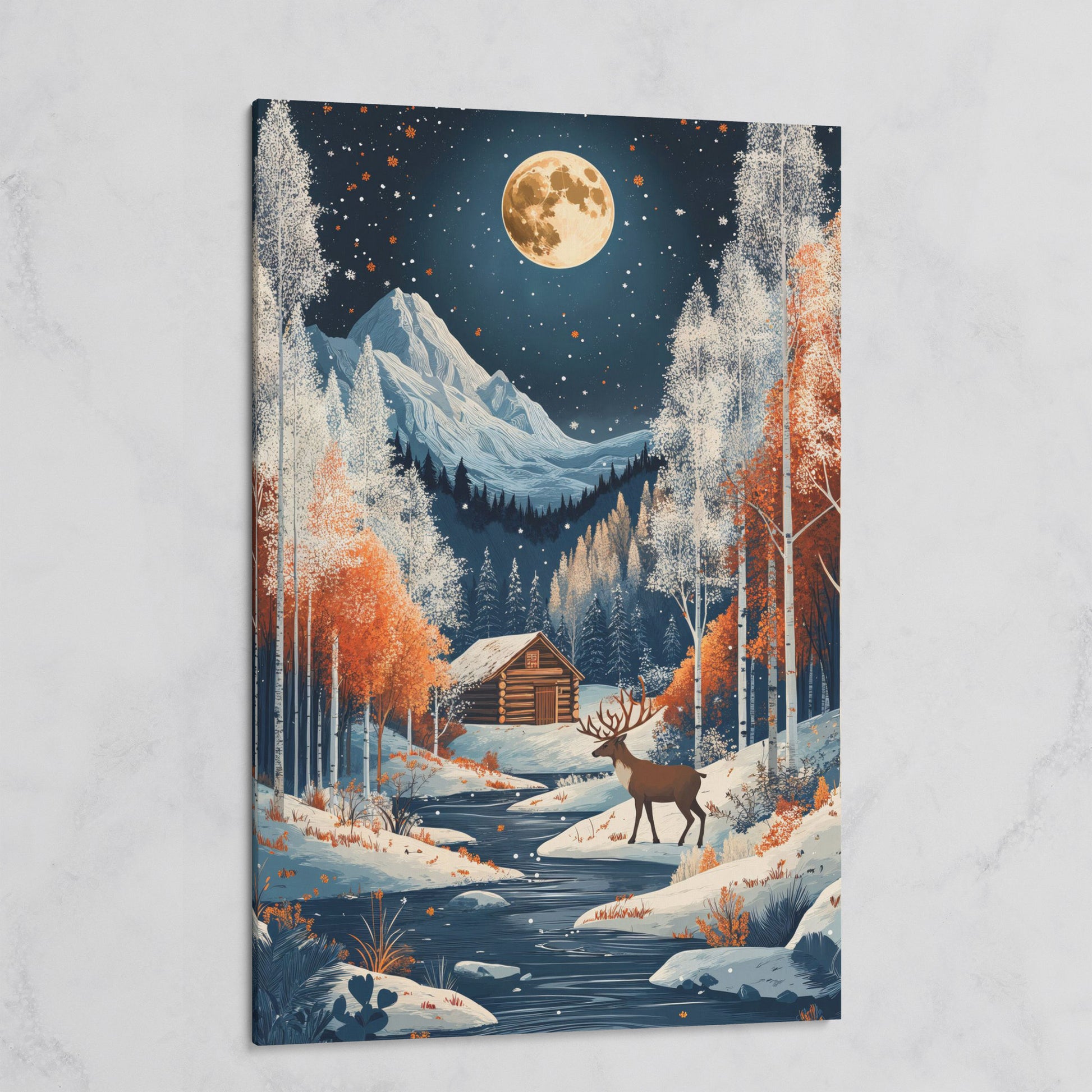 Winter Night Cabin Canvas with Reindeer and Mountains on gallery wrap