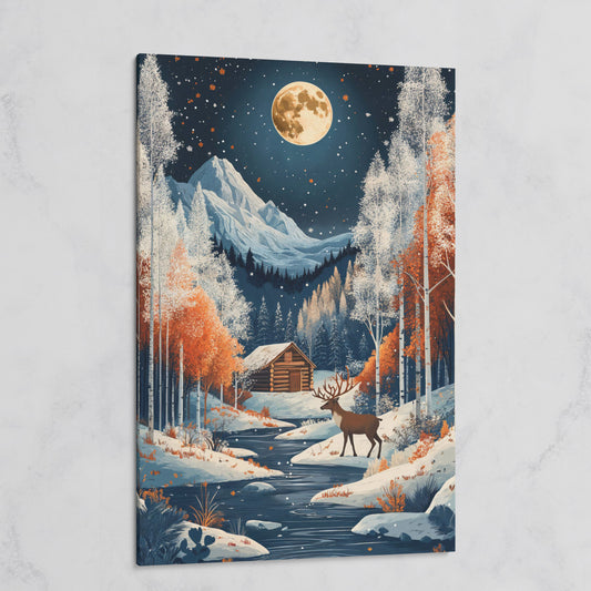 Winter Night Cabin Canvas with Reindeer and Mountains on gallery wrap