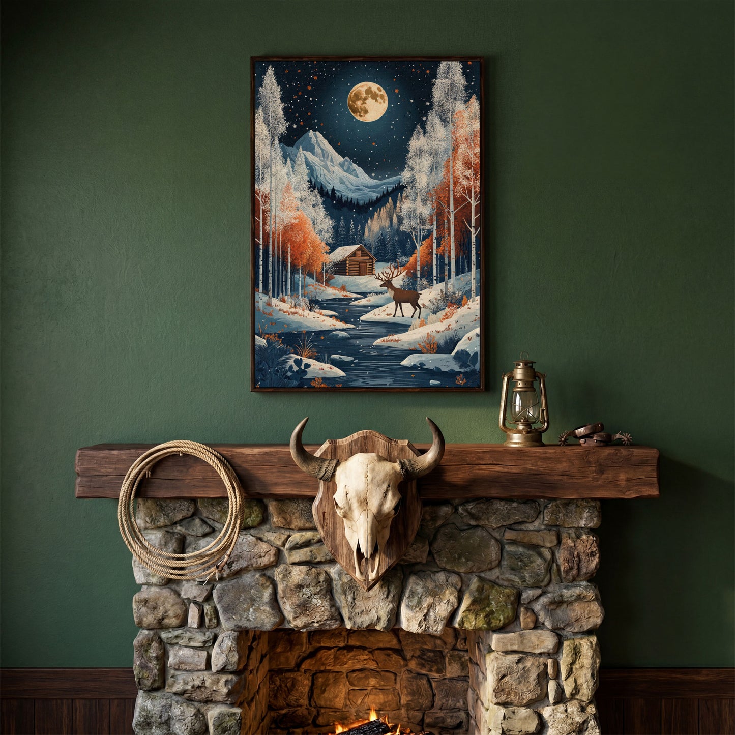 Winter Night Cabin Canvas with Reindeer and Mountains in dark walnut floating frame