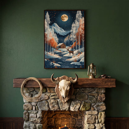 Winter Night Cabin Canvas with Reindeer and Mountains in dark walnut floating frame