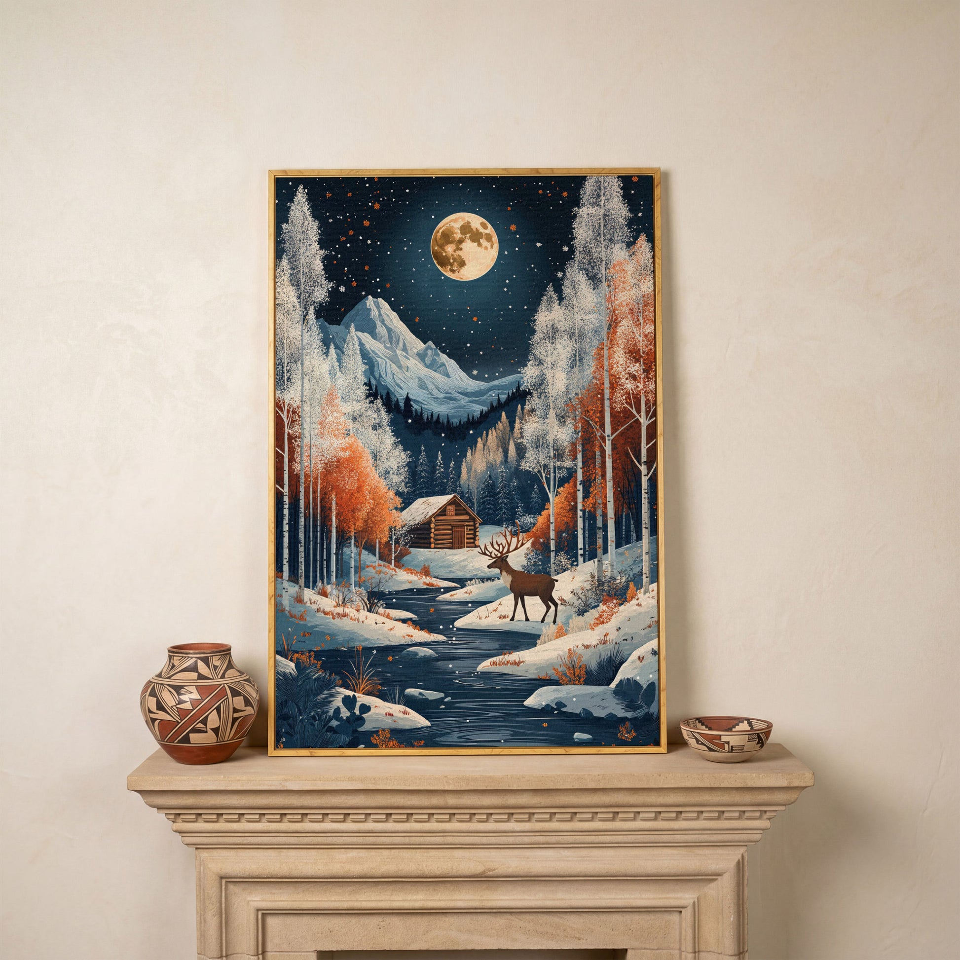 Winter Night Cabin Canvas with Reindeer and Mountains in white oak floating frame