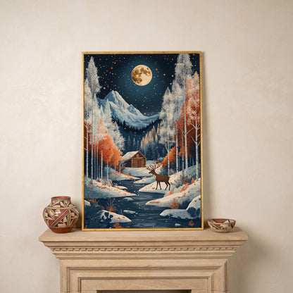 Winter Night Cabin Canvas with Reindeer and Mountains in white oak floating frame