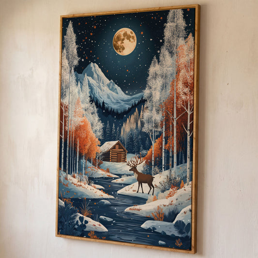 Winter Night Cabin Canvas with Reindeer and Mountains shown in white oak floating frame