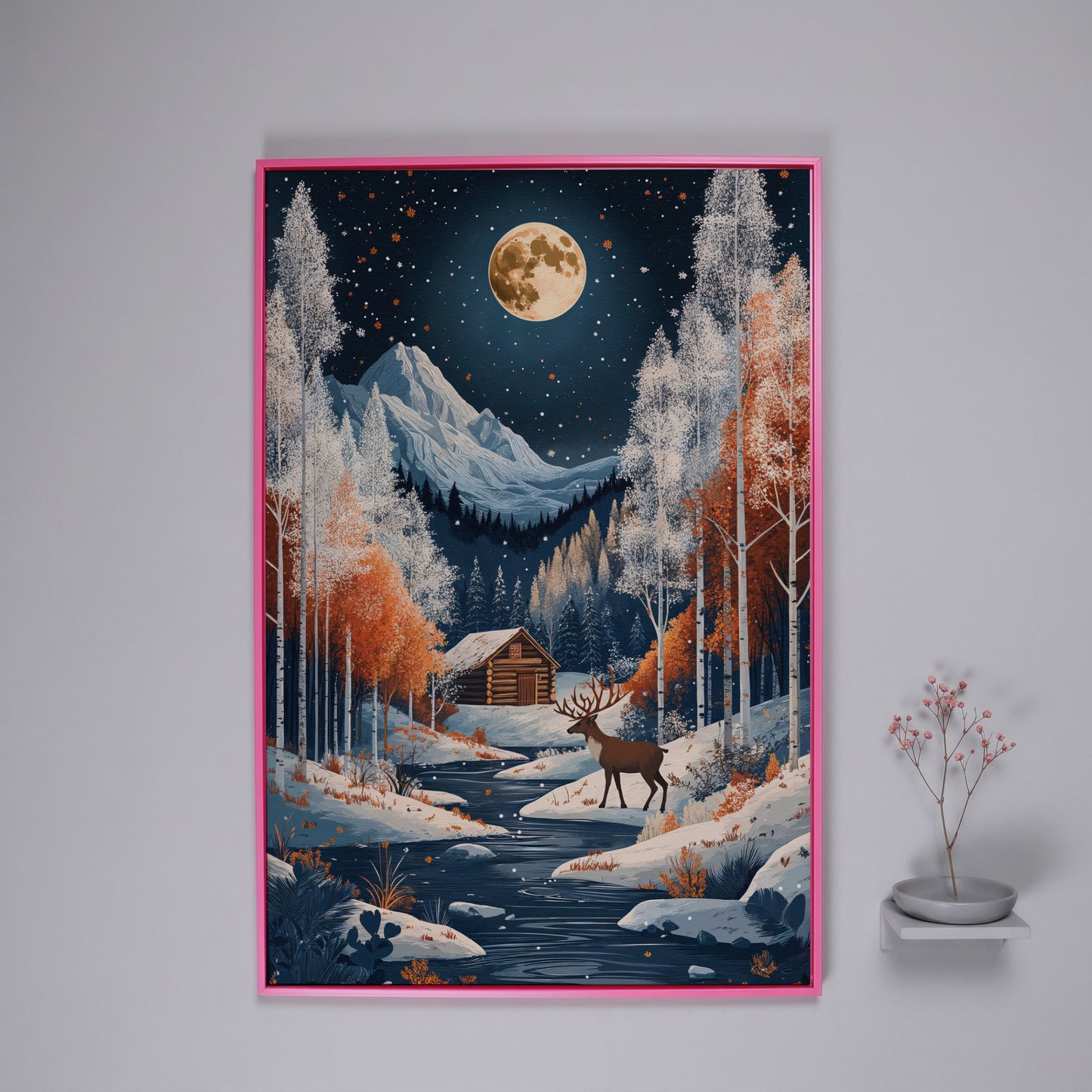 Winter Night Cabin Canvas with Reindeer and Mountains in pink floating frame
