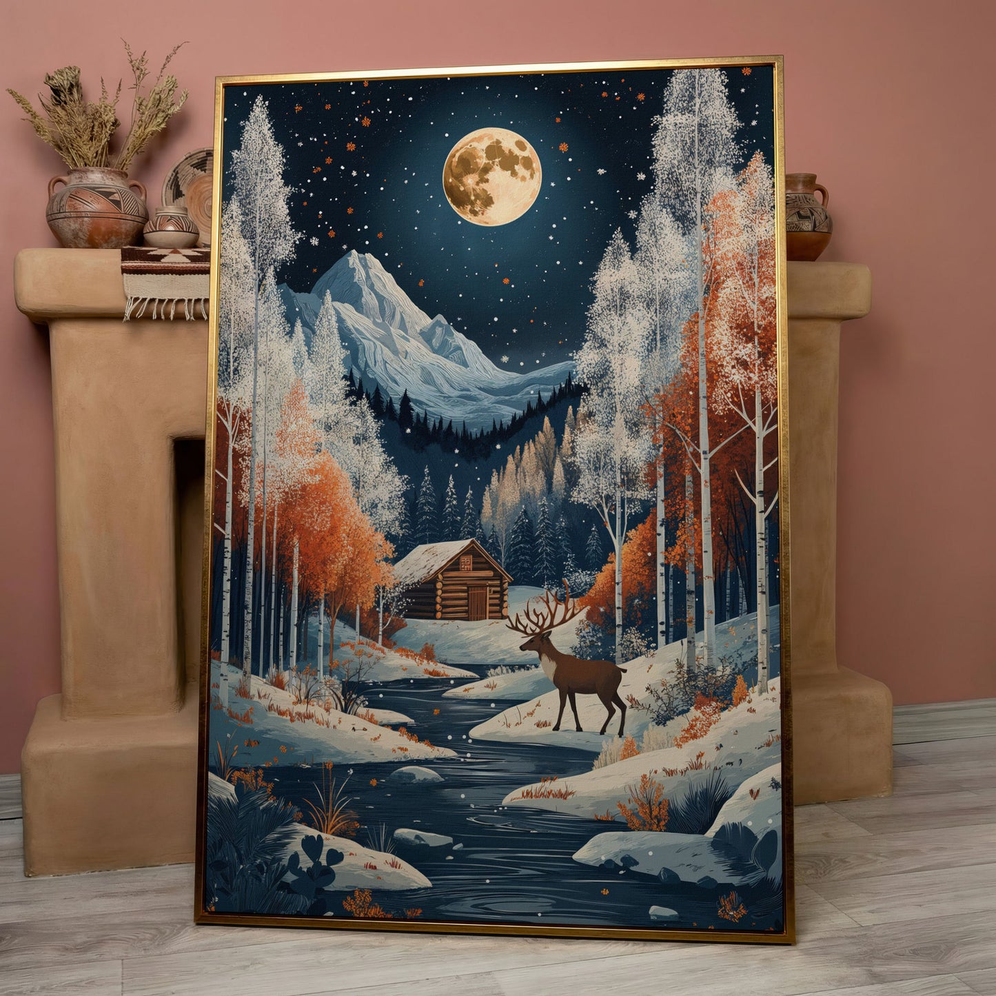 Winter Night Cabin Canvas with Reindeer and Mountains in rose gold floating frame