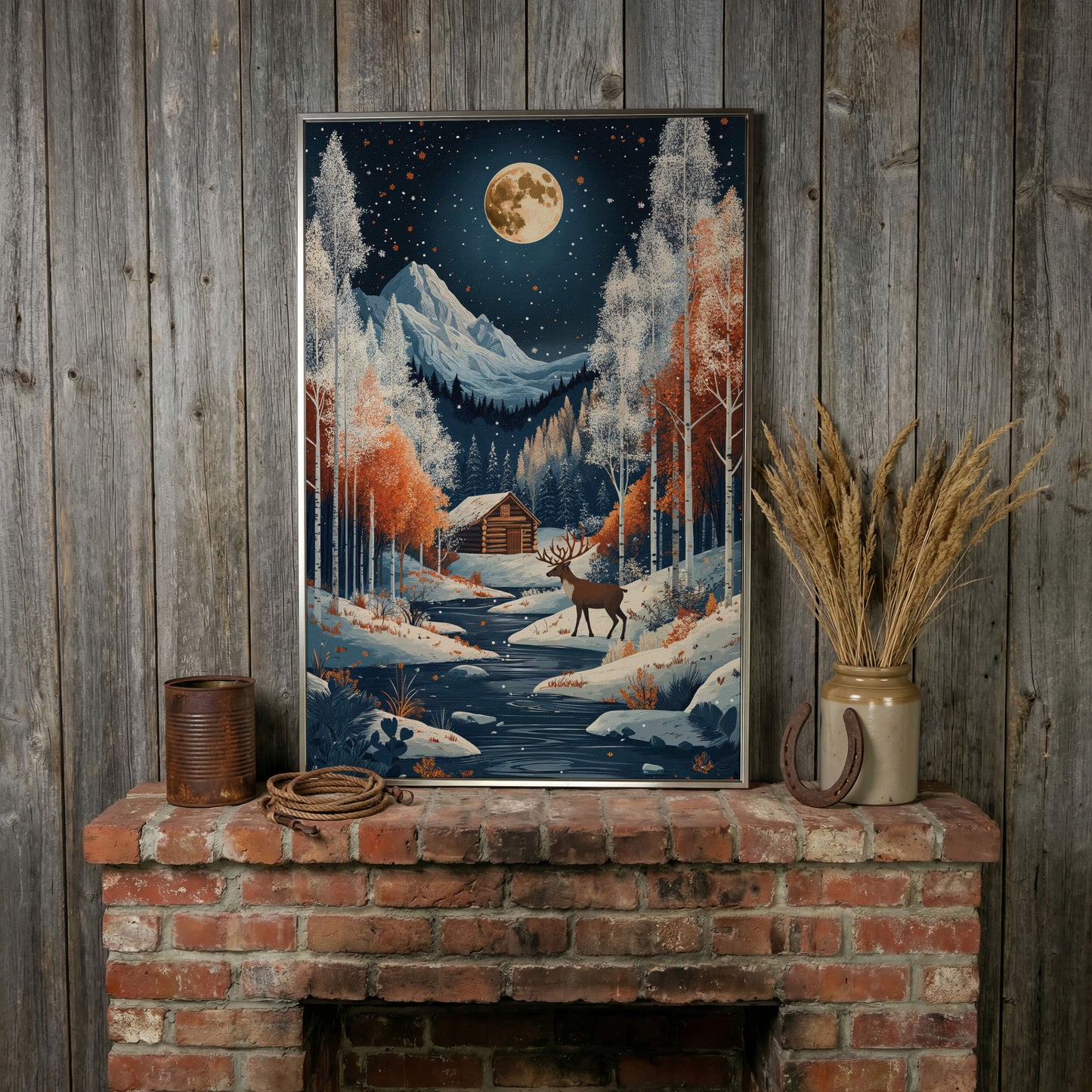 Winter Night Cabin Canvas with Reindeer and Mountains in silver floating frame