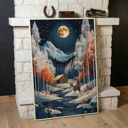 Winter Night Cabin Canvas with Reindeer and Mountains in white floating frame