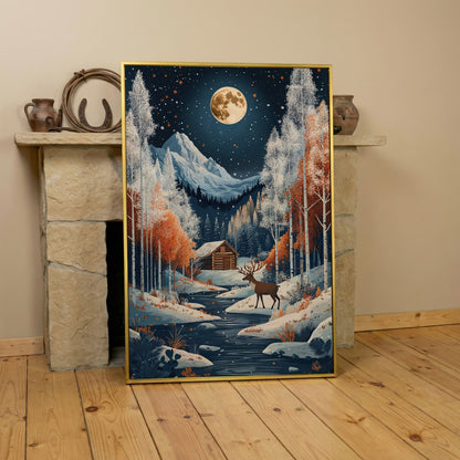 Winter Night Cabin Canvas with Reindeer and Mountains in yellow gold floating frame