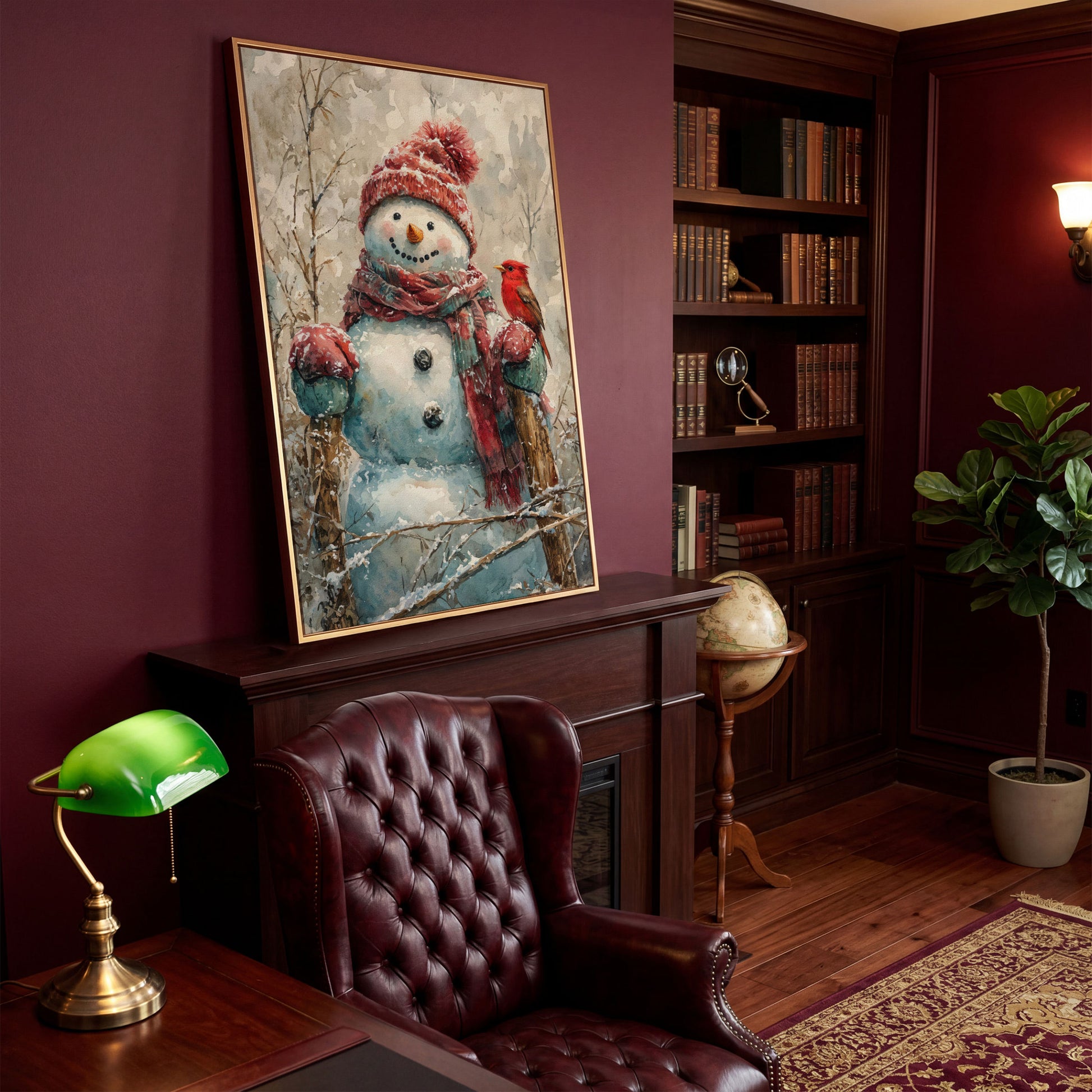 Snowman with Red Bird Winter Canvas in antique gold floating frame