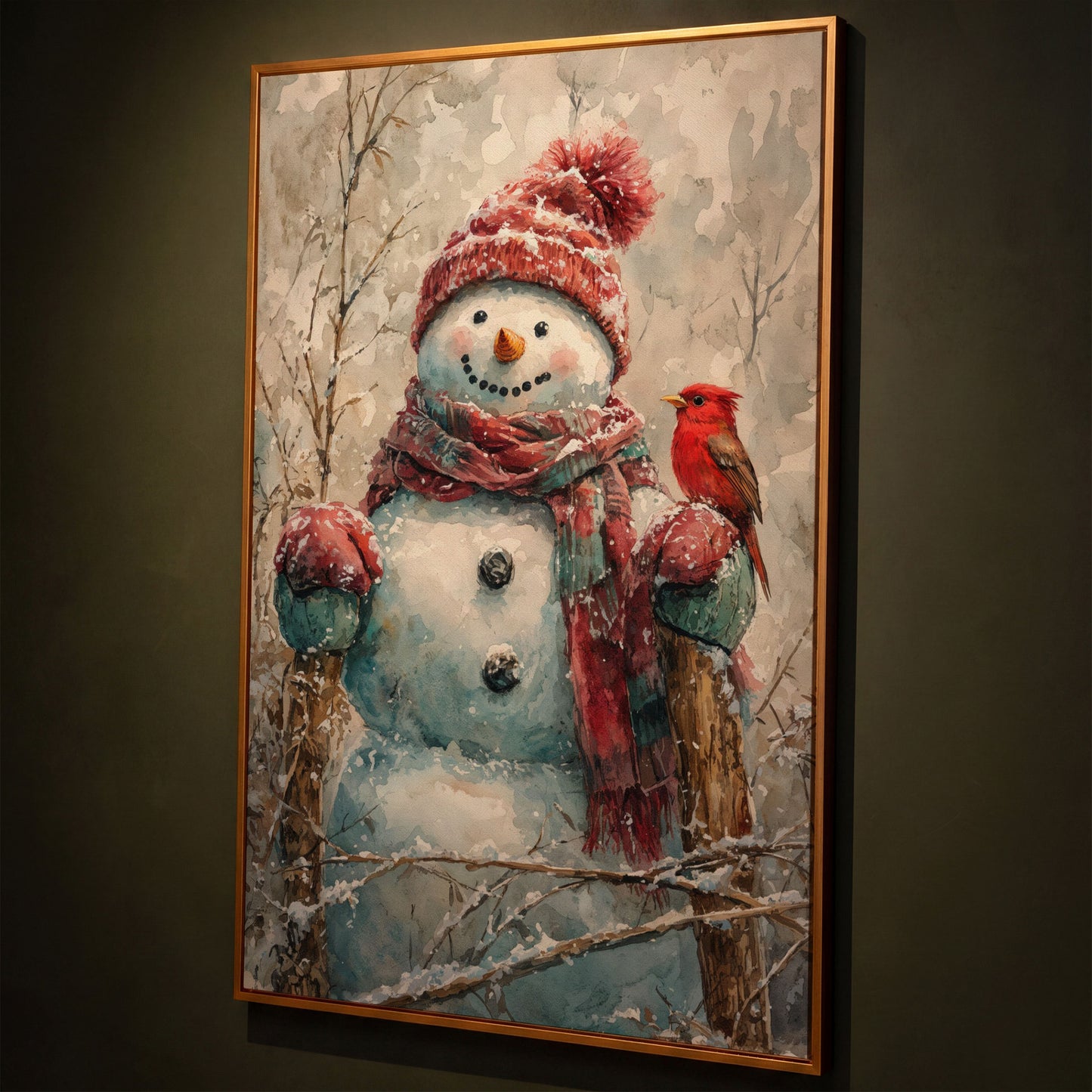Snowman with Red Bird Winter Canvas shown in antique gold floating frame