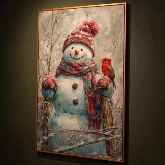 Snowman with Red Bird Winter Canvas shown in antique gold floating frame