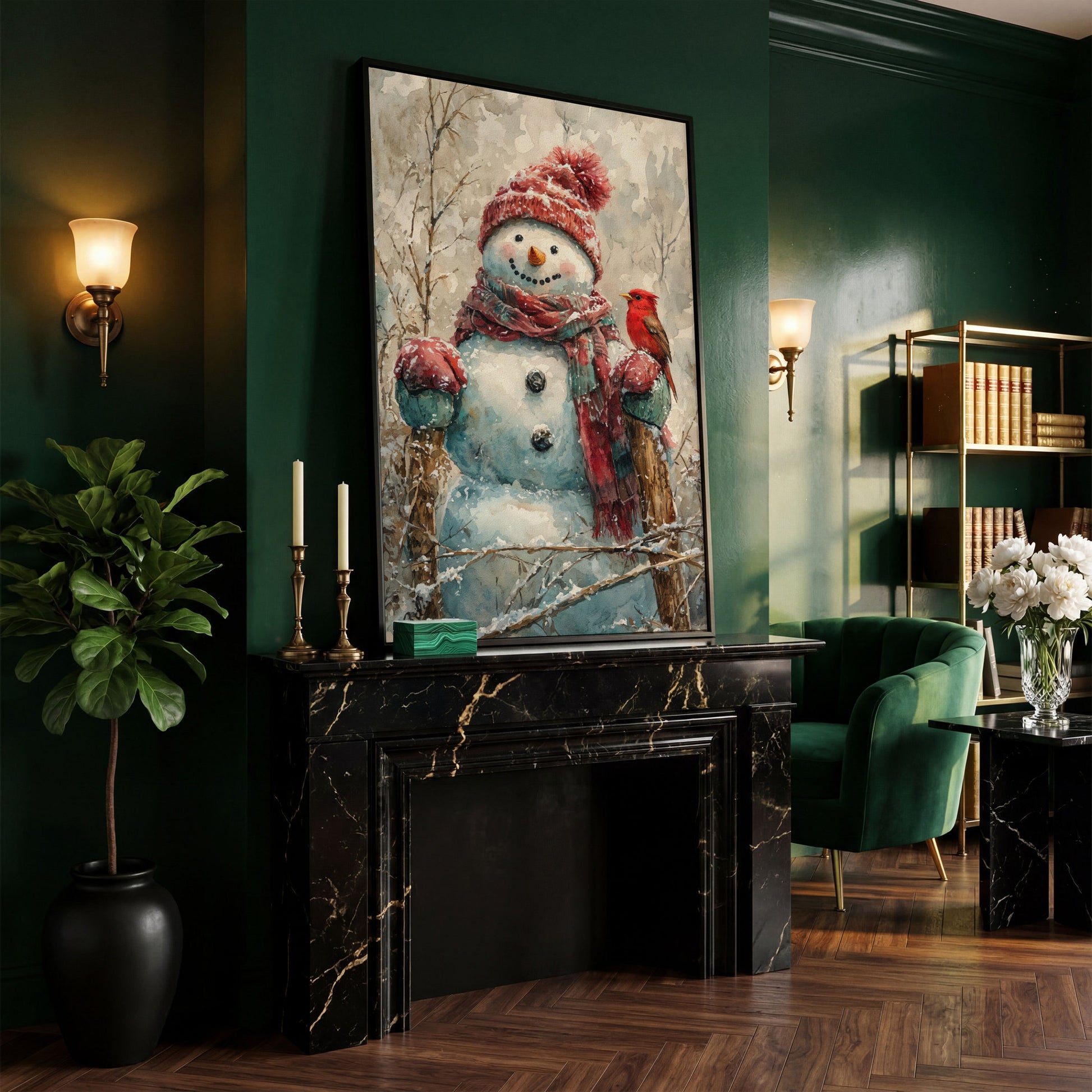 Snowman with Red Bird Winter Canvas in black floating frame